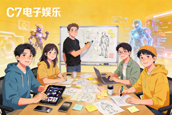 C7电子娱乐品牌故事插图 - 展示团队协作与创意构思的场景