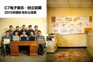 C7电子娱乐品牌故事主题图片 - 展示公司创立初期的团队合影与早期办公环境